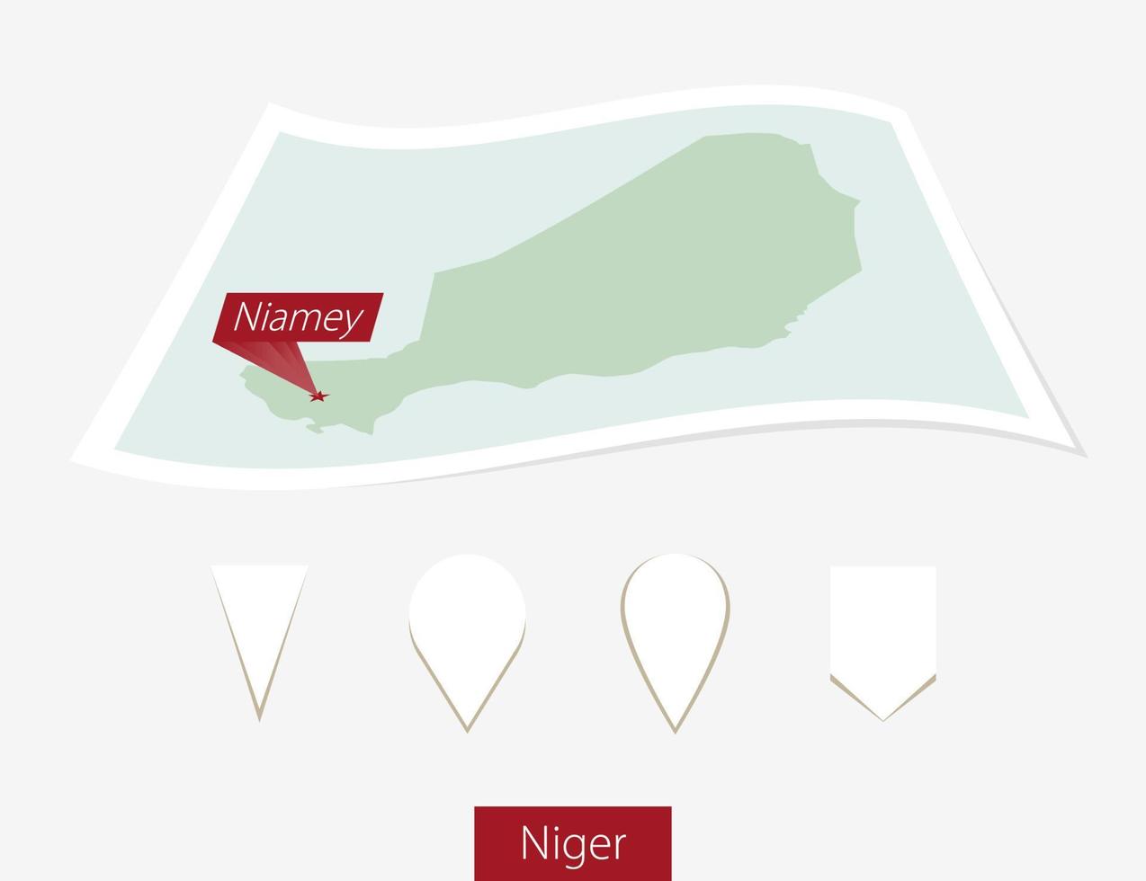 curvo papel mapa de Níger con capital niamey en gris antecedentes. cuatro diferente mapa alfiler colocar. vector