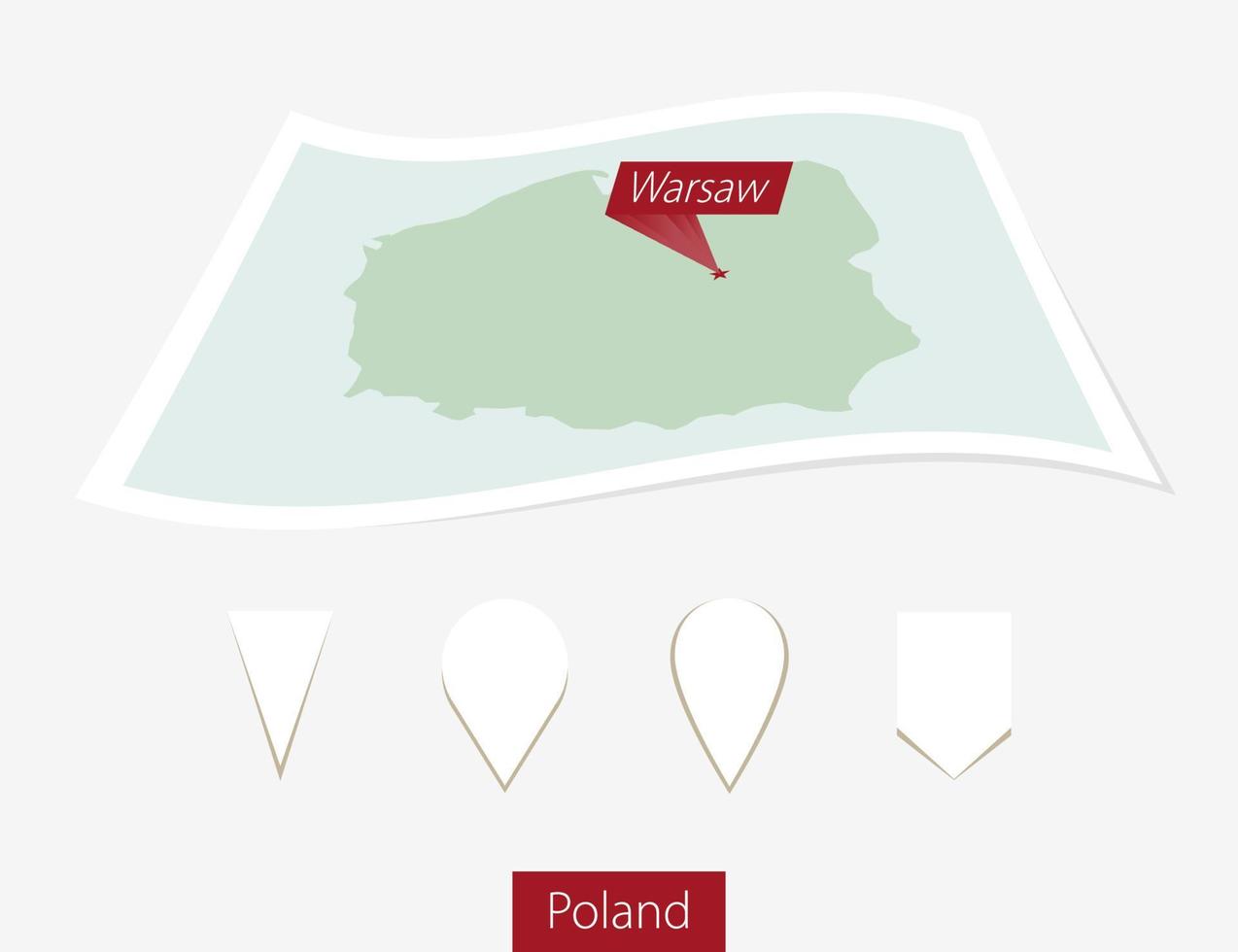 Curved paper map of Poland with capital Warsaw on Gray Background. Four different Map pin set. vector