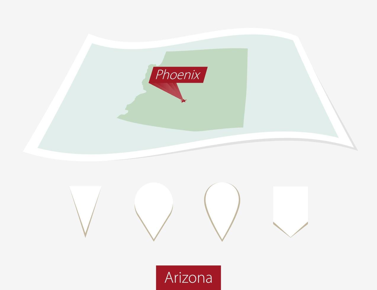 Curved paper map of Arizona state with capital Phoenix on Gray Background. Four different Map pin set. vector