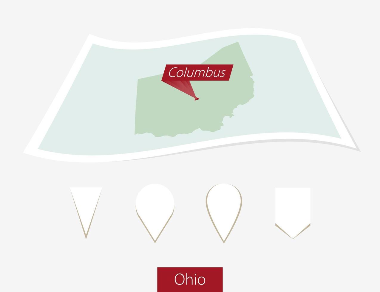 curvo papel mapa de Ohio estado con capital Colón en gris antecedentes. cuatro diferente mapa alfiler colocar. vector