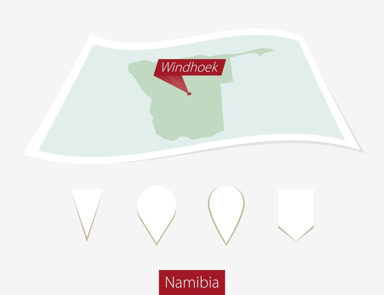 Curved paper map of Namibia with capital Windhoek on Gray Background. Four different Map pin set. vector