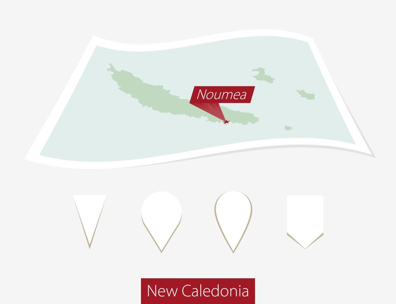 Curved paper map of New Caledonia with capital Noumea on Gray Background. Four different Map pin set. vector
