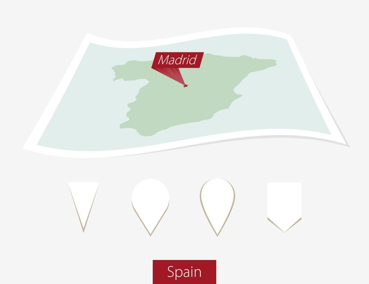 curvo papel mapa de España con capital Madrid en gris antecedentes. cuatro diferente mapa alfiler colocar. vector