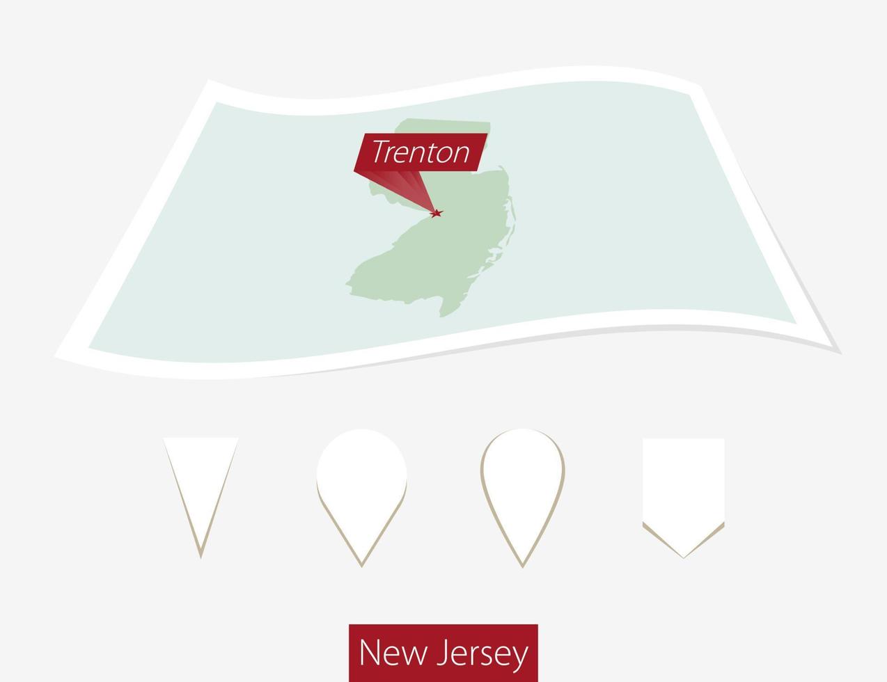 Curved paper map of New Jersey state with capital Trenton on Gray Background. Four different Map pin set. vector