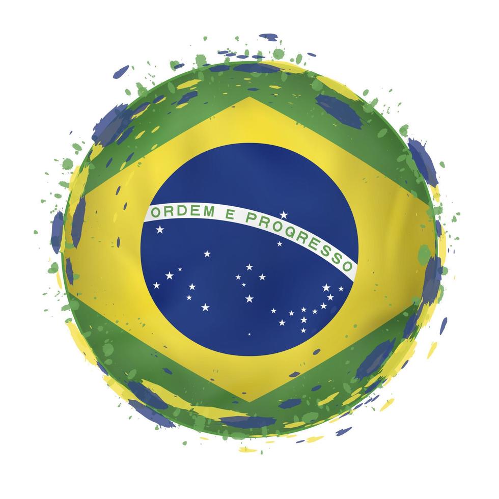 Round grunge flag of Brazil with splashes in flag color. vector
