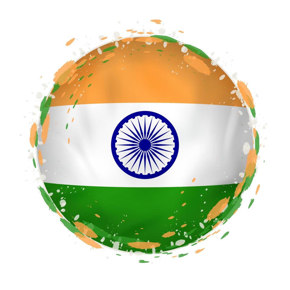 Round grunge flag of India with splashes in flag color. vector