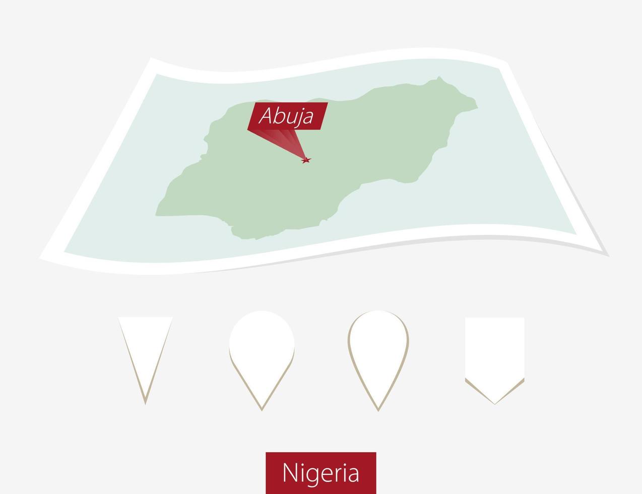 Curved paper map of Nigeria with capital Abuja on Gray Background. Four different Map pin set. vector