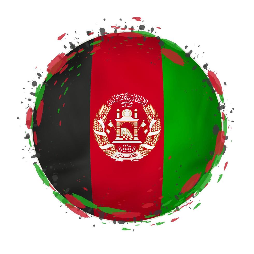 Round grunge flag of Afghanistan with splashes in flag color. vector