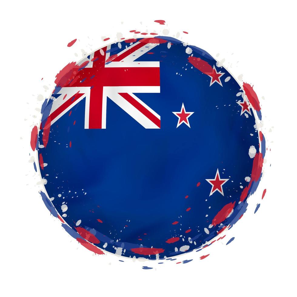 Round grunge flag of New Zealand with splashes in flag color. vector