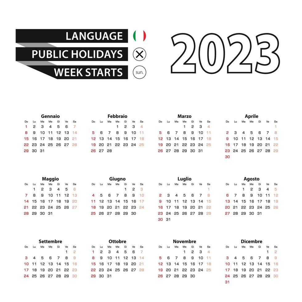 2023 calendar in Italian language, week starts from Sunday. vector