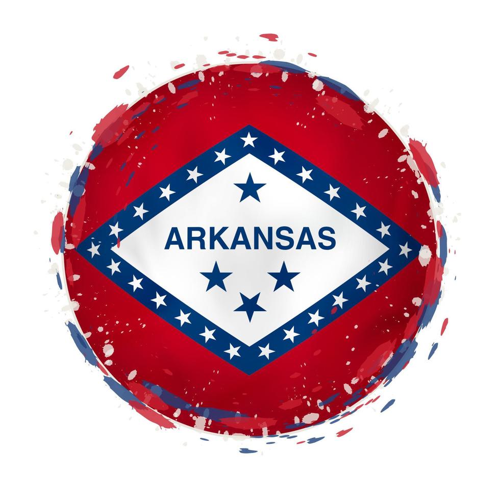 Round grunge flag of Arkansas US state with splashes in flag color. vector