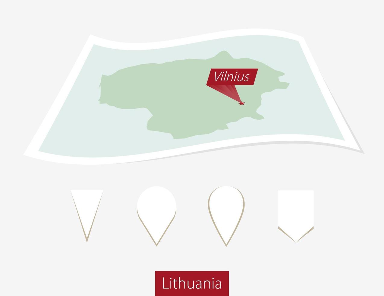 Curved paper map of Lithuania with capital Vilnius on Gray Background. Four different Map pin set. vector