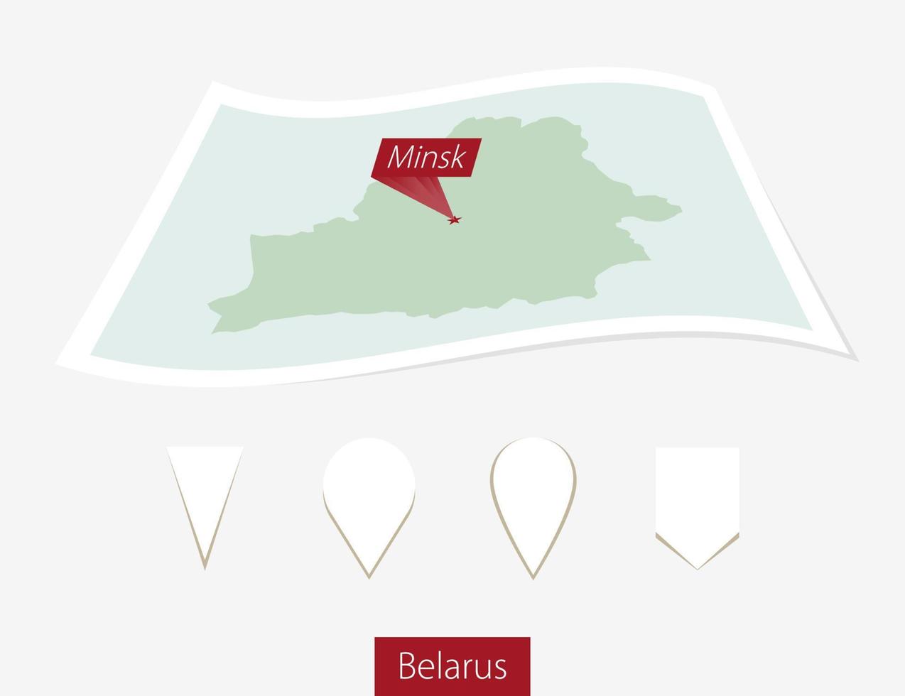 Curved paper map of Belarus with capital Minsk on Gray Background. Four different Map pin set. vector