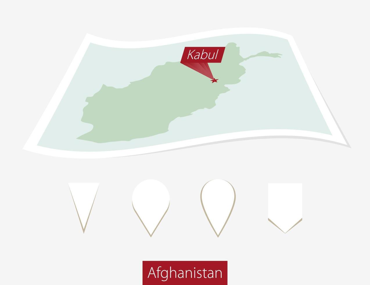 curvo papel mapa de Afganistán con capital Kabul en gris antecedentes. cuatro diferente mapa alfiler colocar. vector