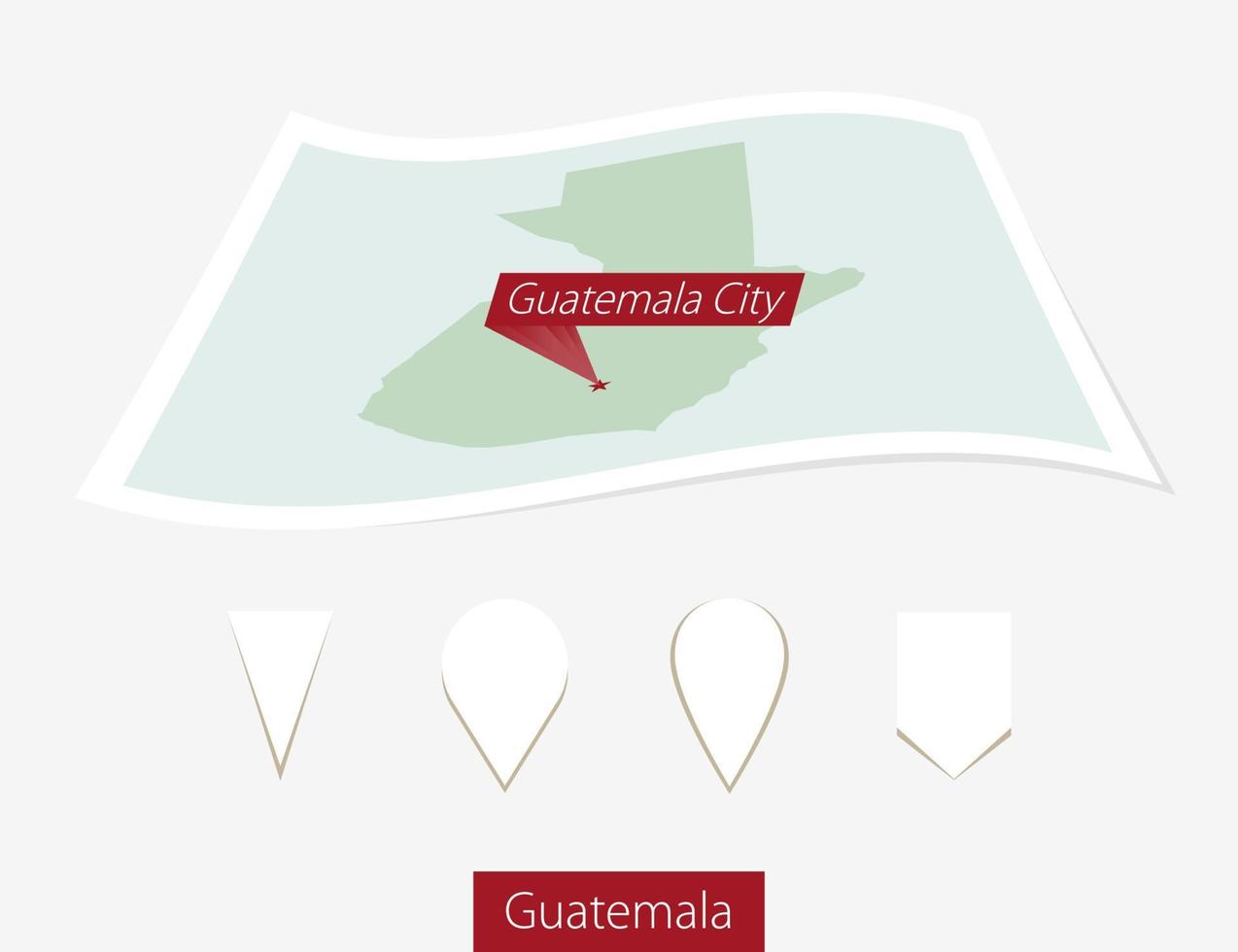 curvo papel mapa de Guatemala con capital Guatemala ciudad en gris antecedentes. cuatro diferente mapa alfiler colocar. vector