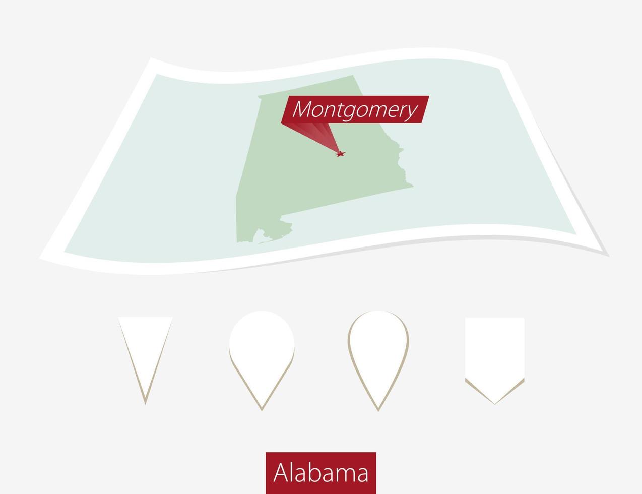 curvo papel mapa de Alabama estado con capital Montgomery en gris antecedentes. cuatro diferente mapa alfiler colocar. vector