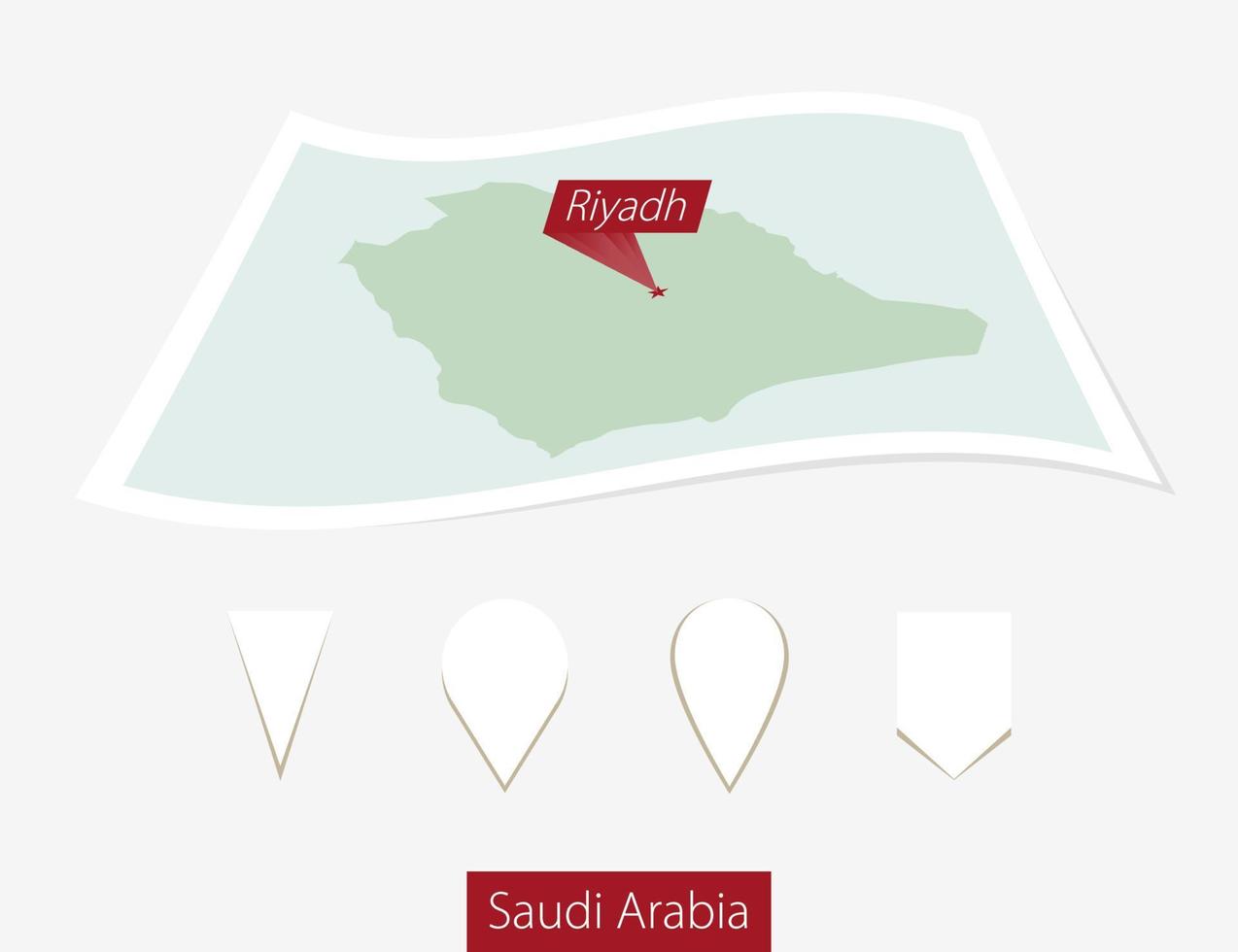 curvo papel mapa de saudi arabia con capital riyadh en gris antecedentes. cuatro diferente mapa alfiler colocar. vector