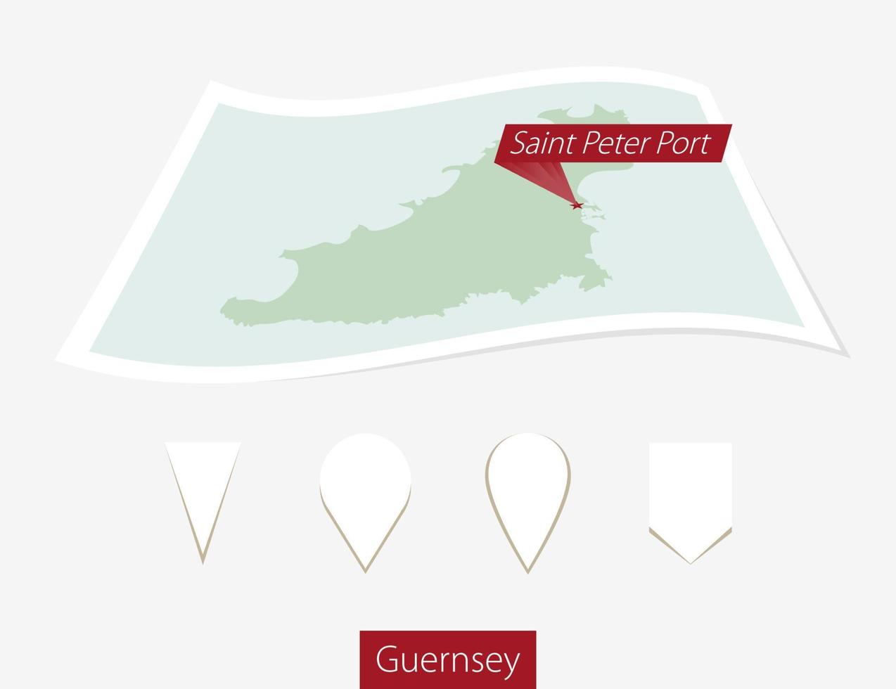 Curved paper map of Guernsey with capital Saint Peter Port on Gray Background. Four different Map pin set. vector