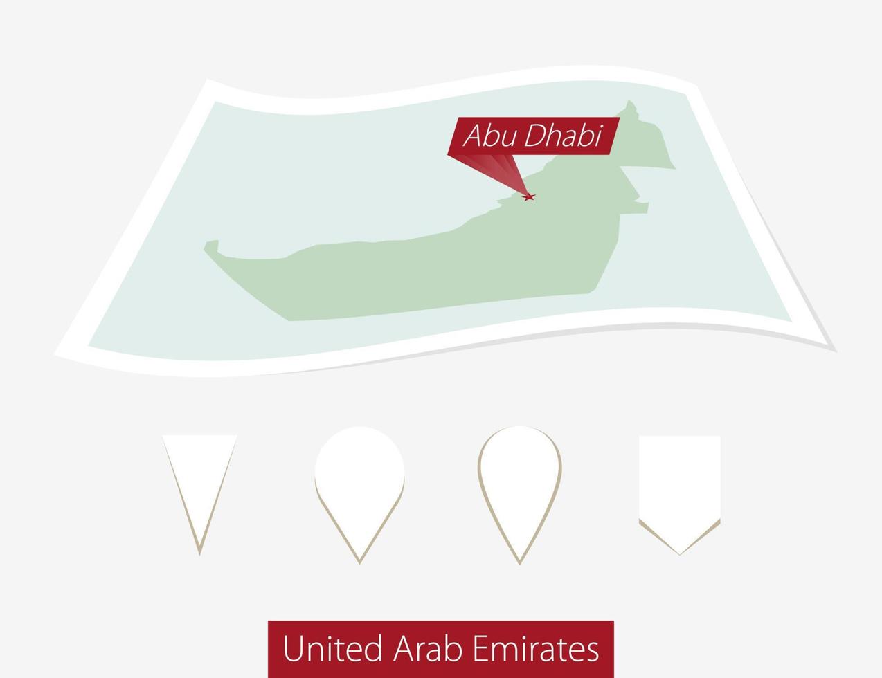 Curved paper map of United Arab Emirates with capital Abu Dhabi on Gray Background. Four different Map pin set. vector