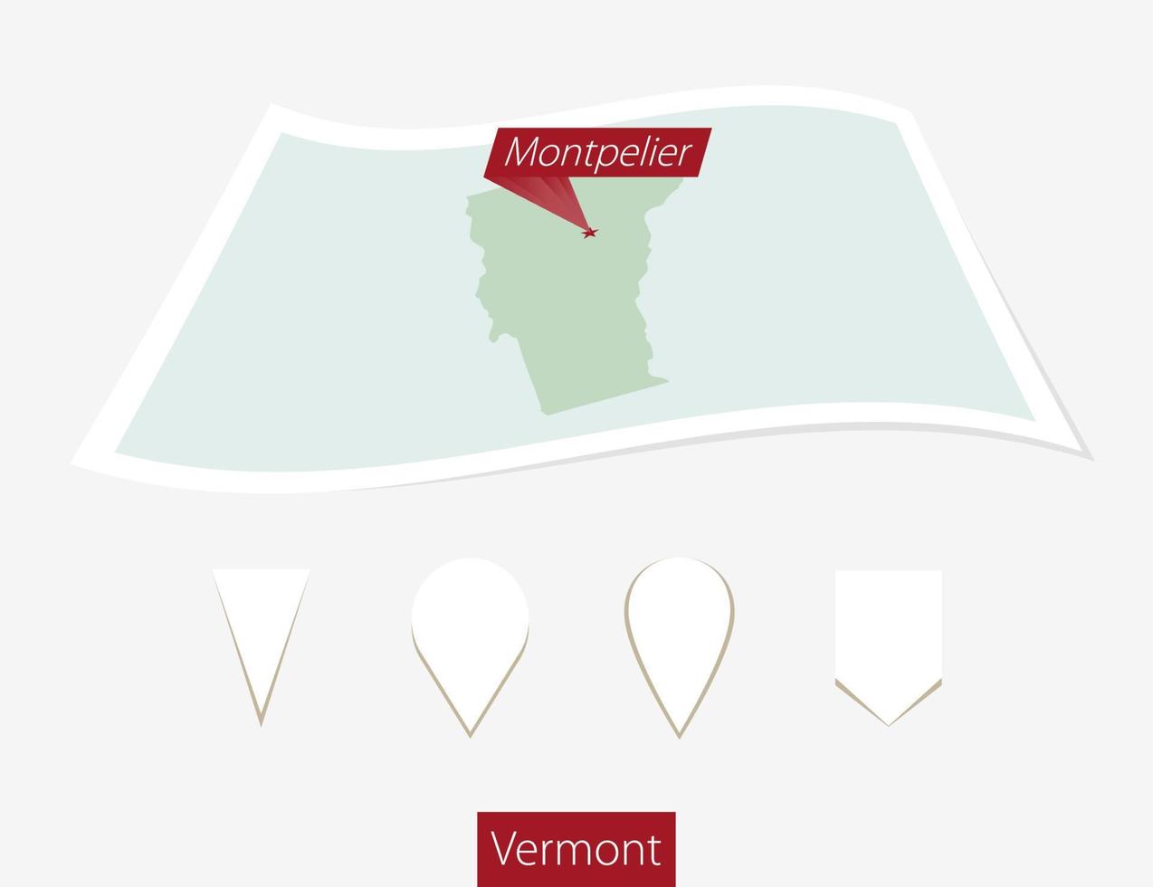 Curved paper map of Vermont state with capital Montpelier on Gray Background. Four different Map pin set. vector