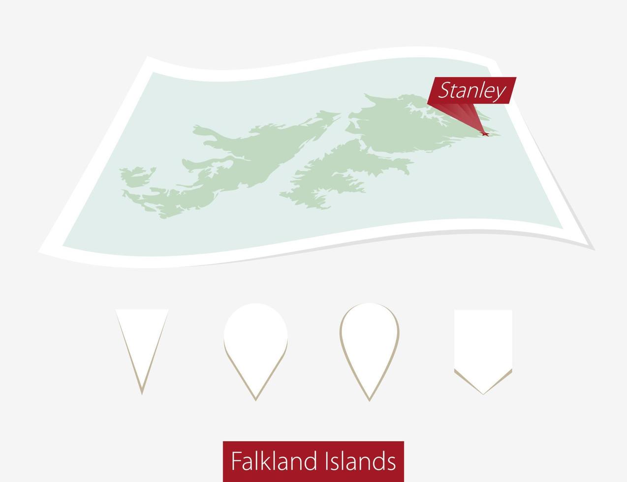 Curved paper map of Falkland Islands with capital Stanley on Gray Background. Four different Map pin set. vector
