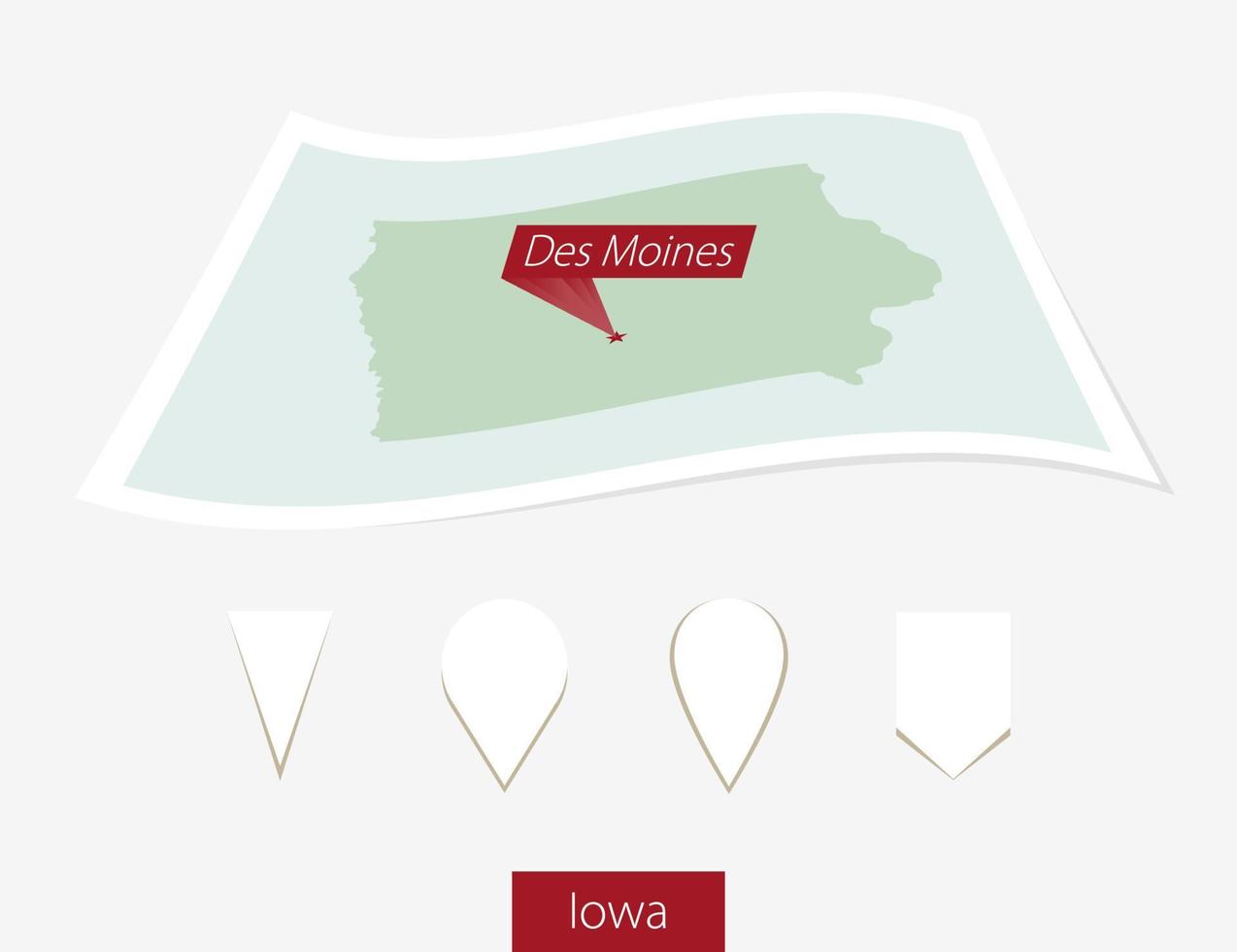 Curved paper map of Iowa state with capital Des Moines on Gray Background. Four different Map pin set. vector