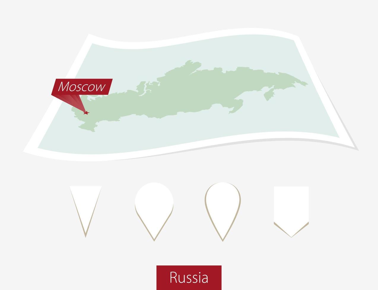 Curved paper map of Russia with capital Moscow on Gray Background. Four different Map pin set. vector