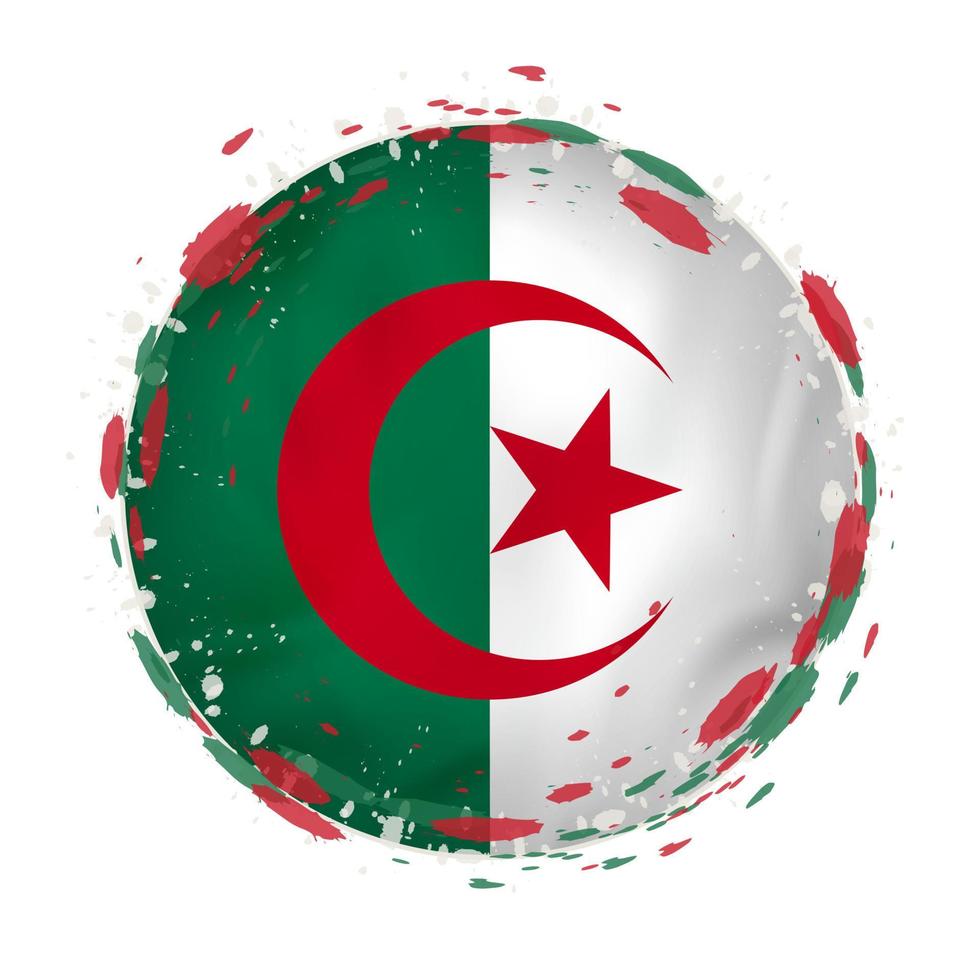 Round grunge flag of Algeria with splashes in flag color. vector