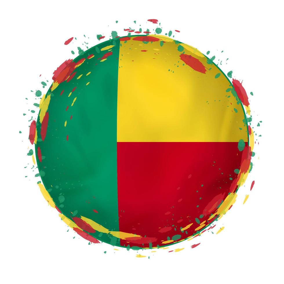 Round grunge flag of Benin with splashes in flag color. vector