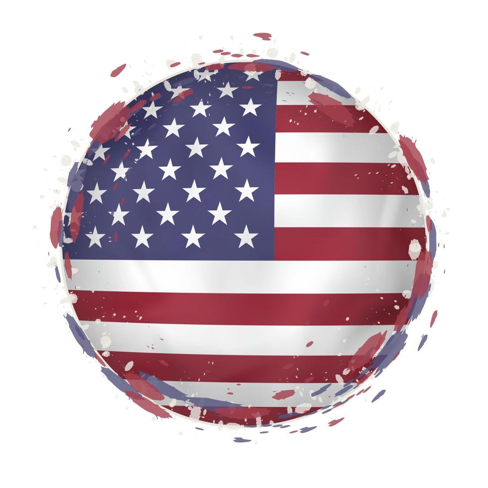 Round grunge flag of USA with splashes in flag color. vector