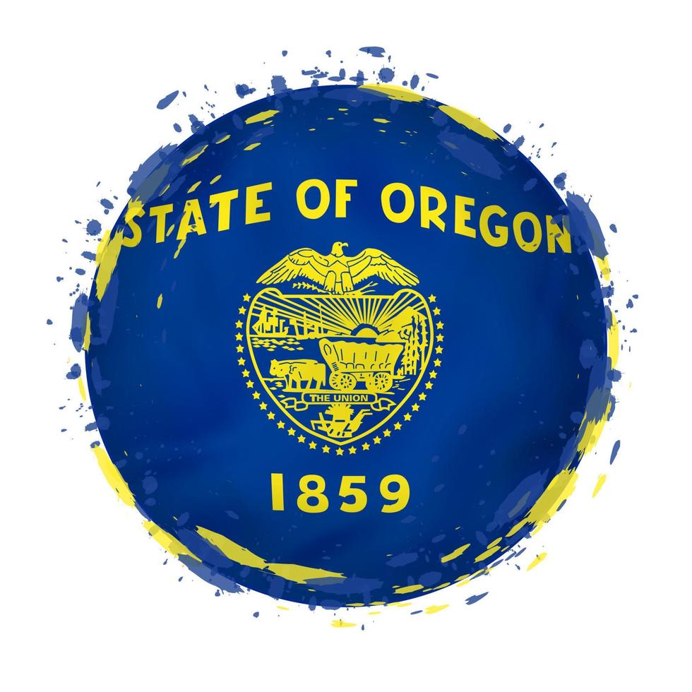 Round grunge flag of Oregon US state with splashes in flag color. vector