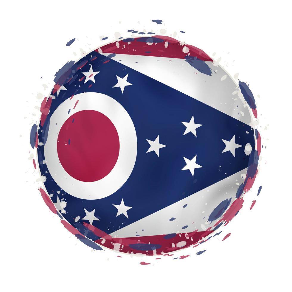 Round grunge flag of Ohio US state with splashes in flag color. vector