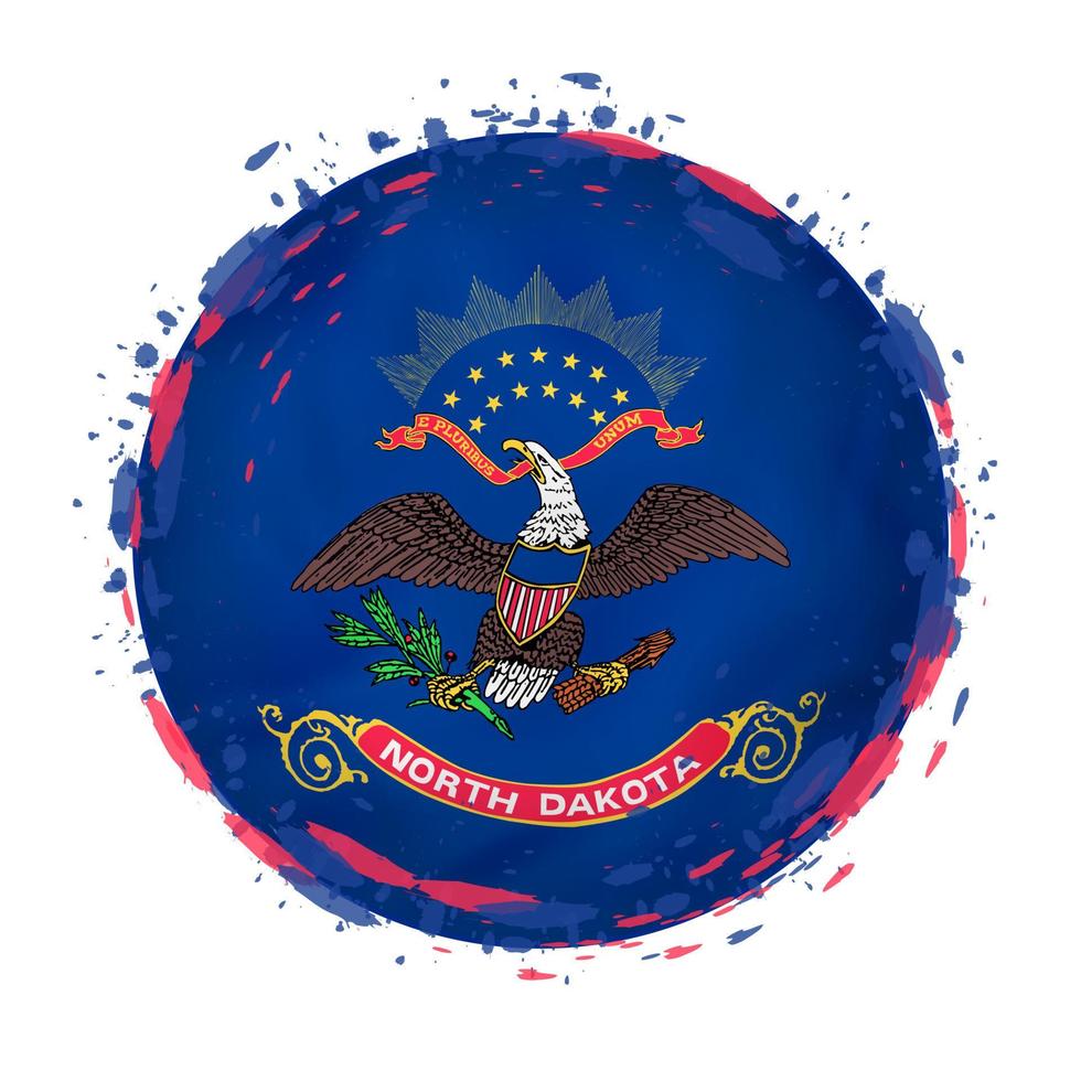 Round grunge flag of North Dakota US state with splashes in flag color. vector