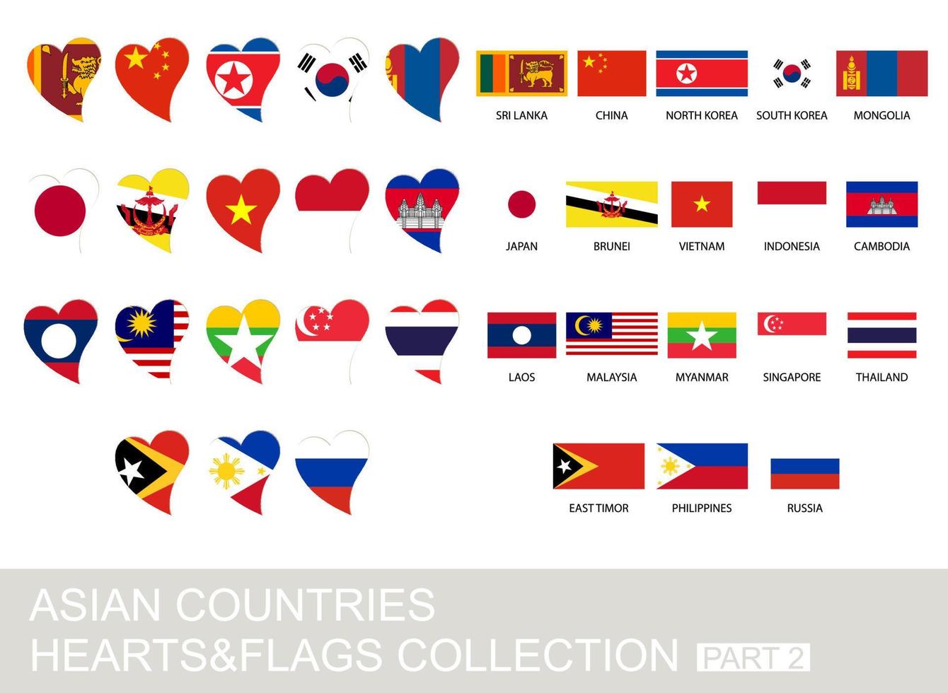 asiático países colocar, corazones y banderas, parte 2 vector