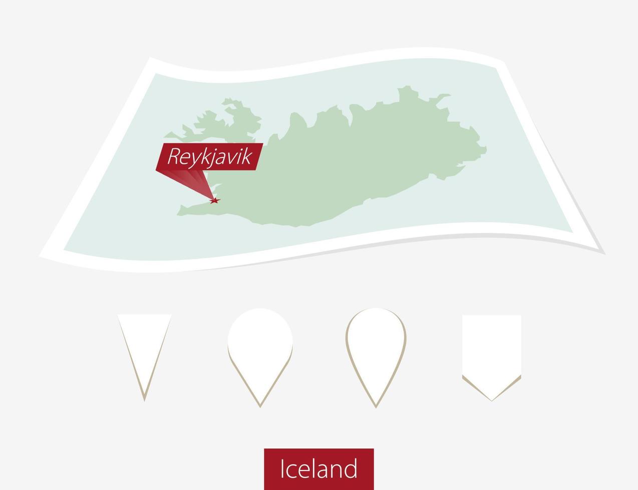 Curved paper map of Iceland with capital Reykjavik on Gray Background. Four different Map pin set. vector