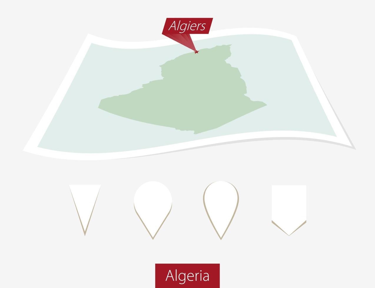 curvo papel mapa de Argelia con capital Argel en gris antecedentes. cuatro diferente mapa alfiler colocar. vector