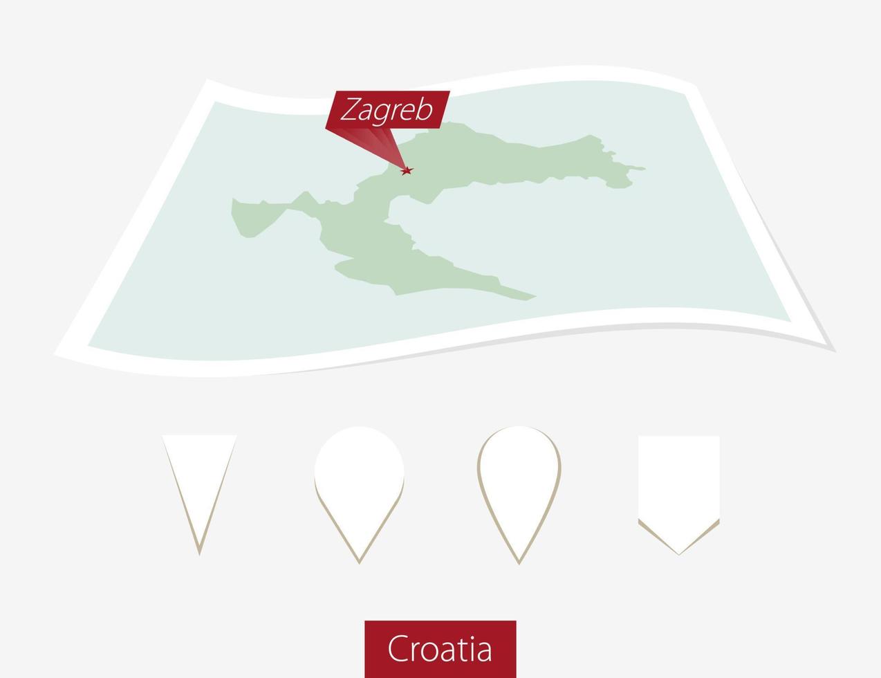 Curved paper map of Croatia with capital Zagreb on Gray Background. Four different Map pin set. vector