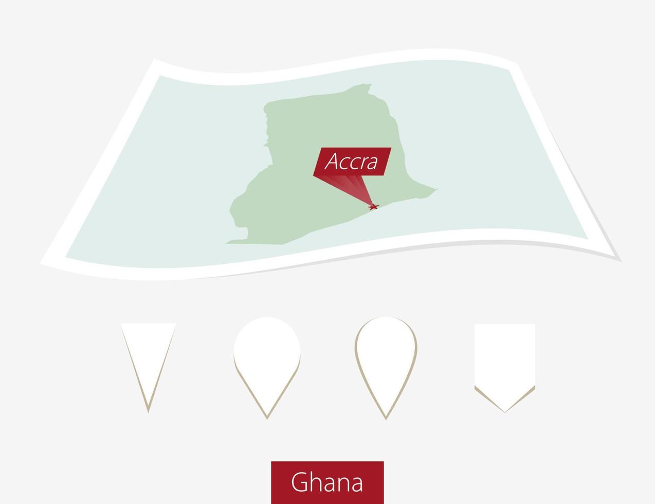 Curved paper map of Ghana with capital Accra on Gray Background. Four different Map pin set. vector