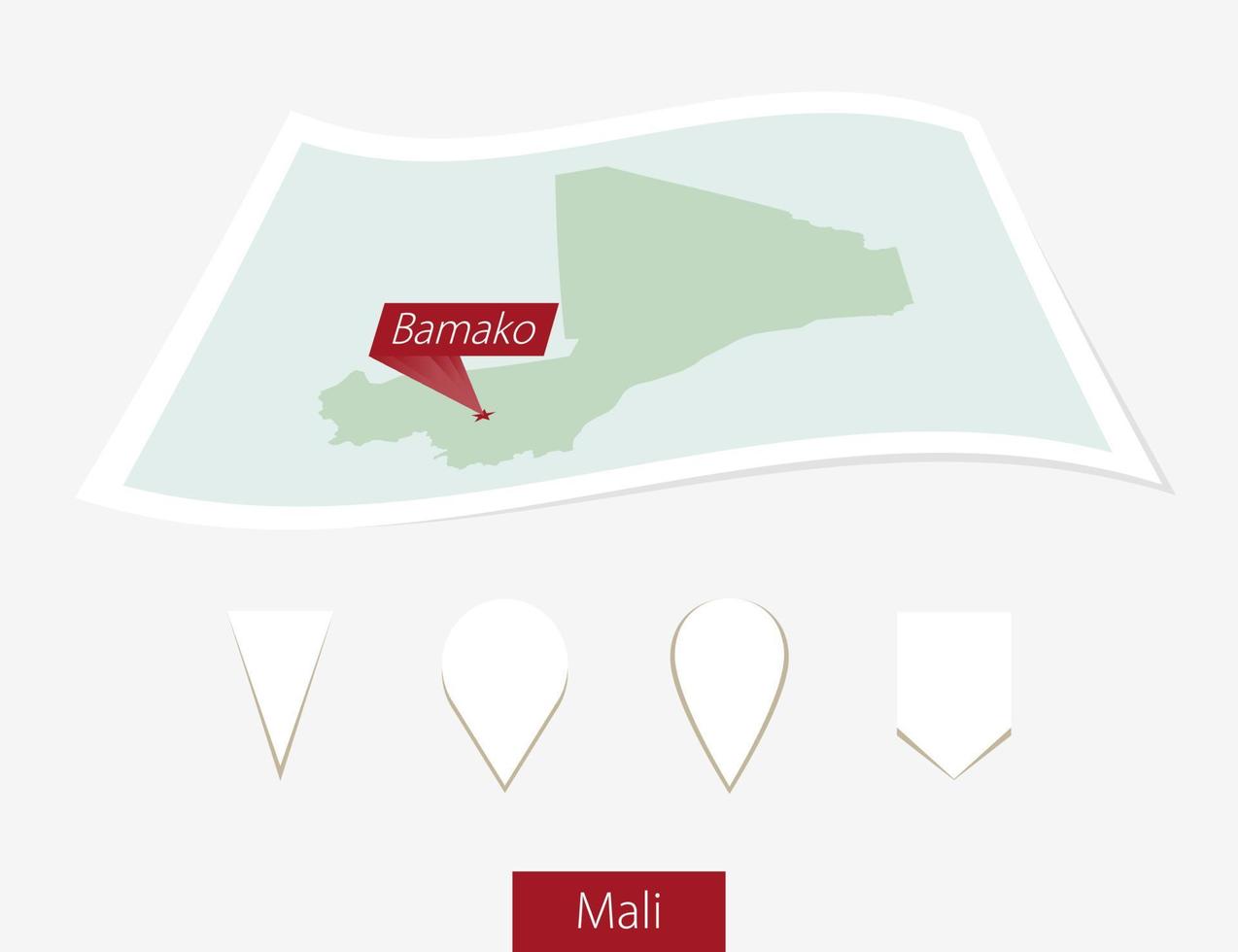 curvo papel mapa de mali con capital bamako en gris antecedentes. cuatro diferente mapa alfiler colocar. vector