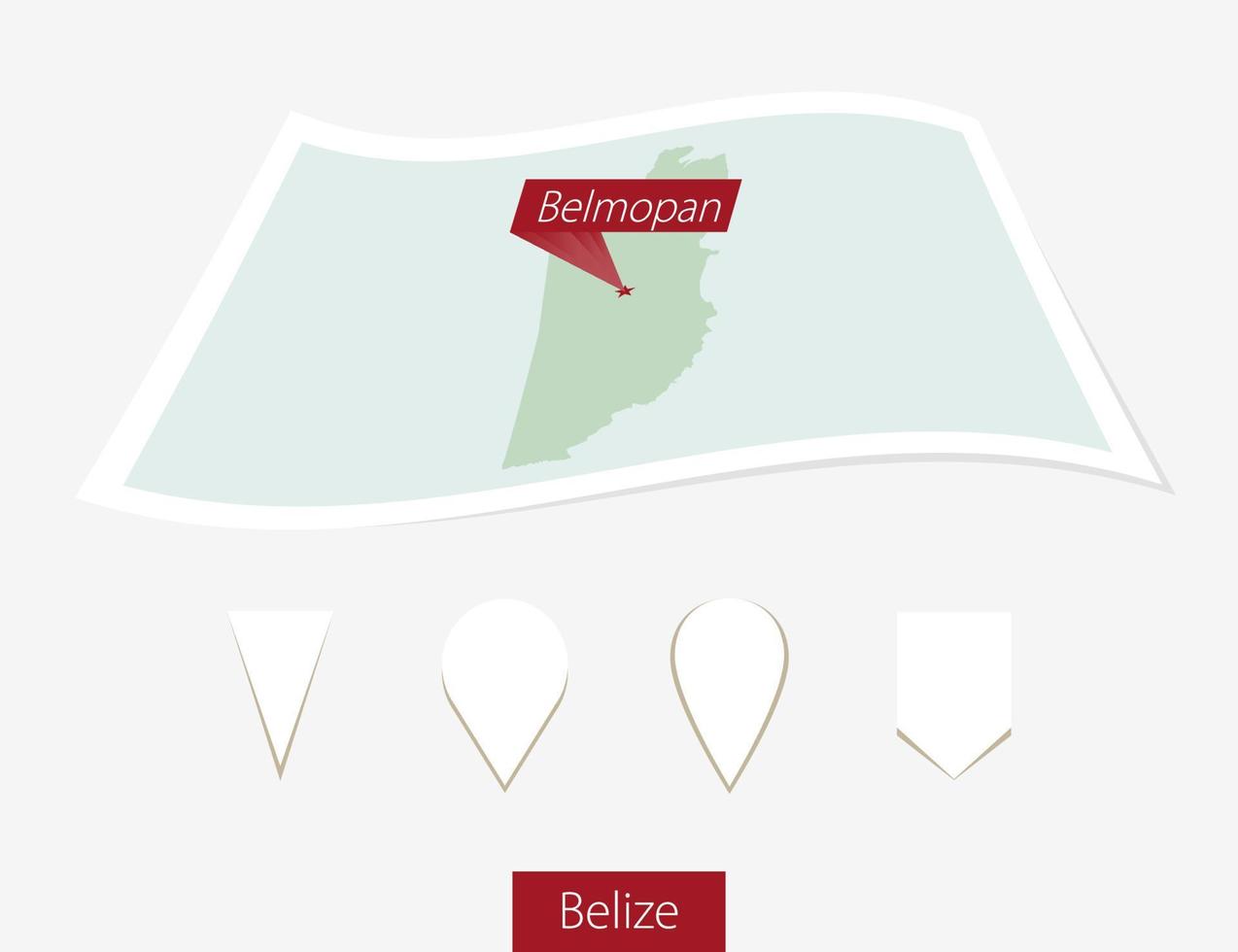 Curved paper map of Belize with capital Belmopan on Gray Background. Four different Map pin set. vector