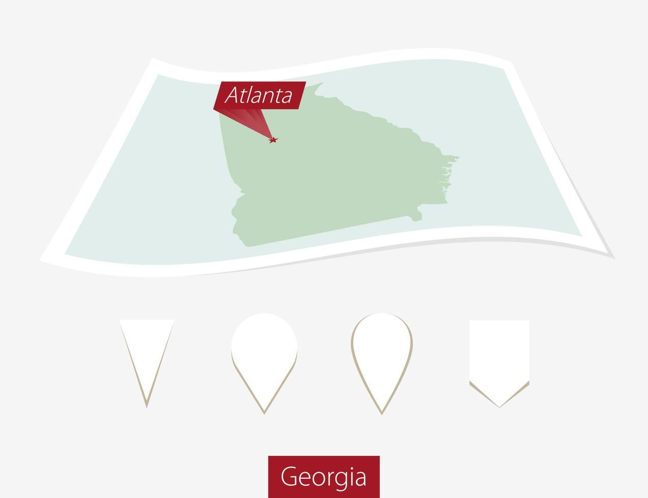 curvo papel mapa de Georgia estado con capital atlanta en gris antecedentes. cuatro diferente mapa alfiler colocar. vector