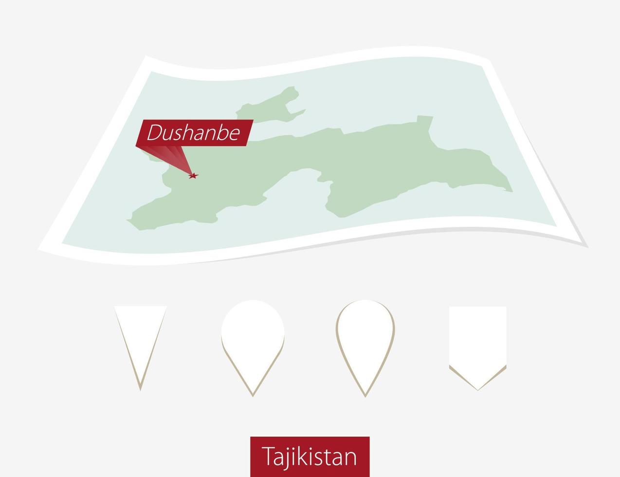 Curved paper map of Tajikistan with capital Dushanbe on Gray Background. Four different Map pin set. vector