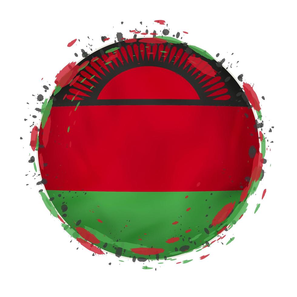 Round grunge flag of Malawi with splashes in flag color. vector