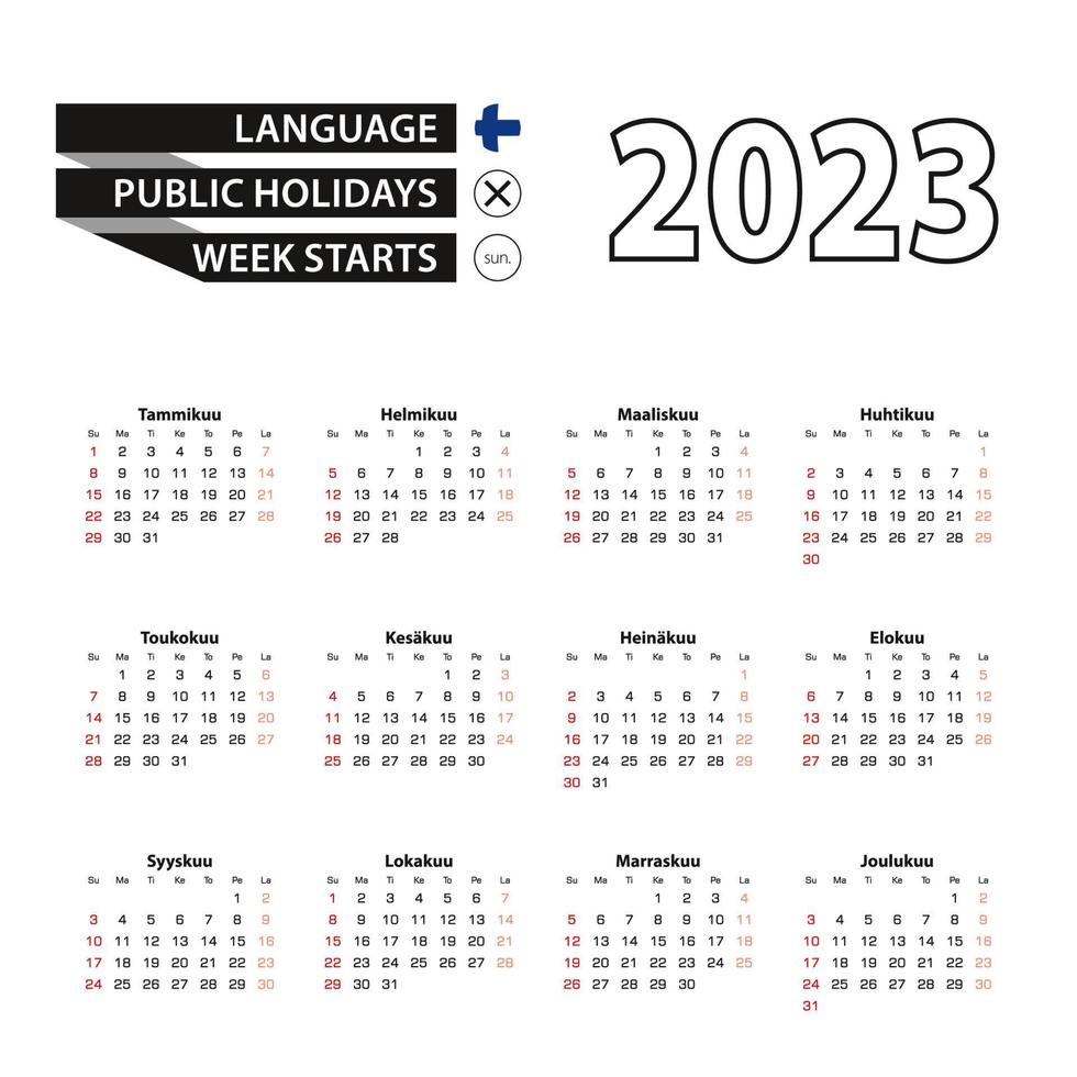 2023 calendar in Finnish language, week starts from Sunday. vector