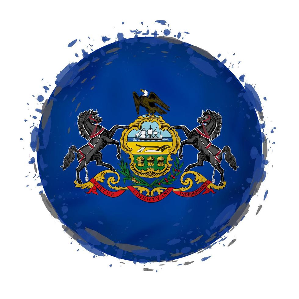 Round grunge flag of Pennsylvania US state with splashes in flag color. vector