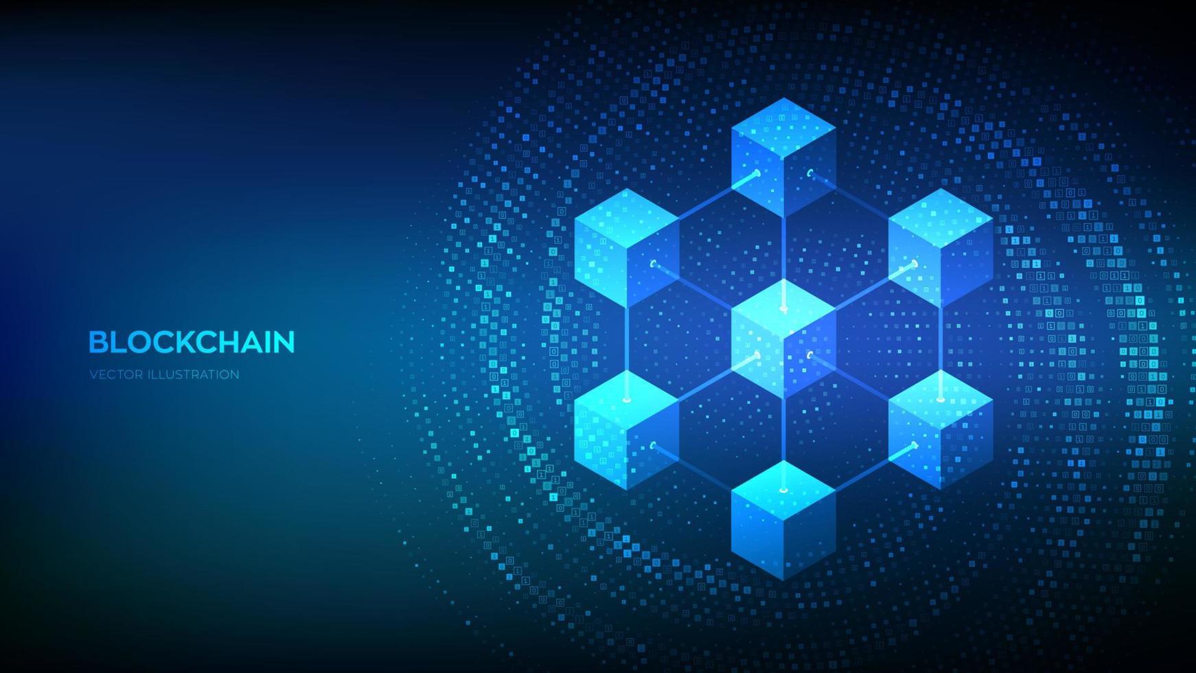 Blockchain technology background. Binary Data Flow. Virtual tunnel warp made with digital code. Information blocks in cyberspace. Decentralized network. Fintech cryptocurrency. Vector illustration.