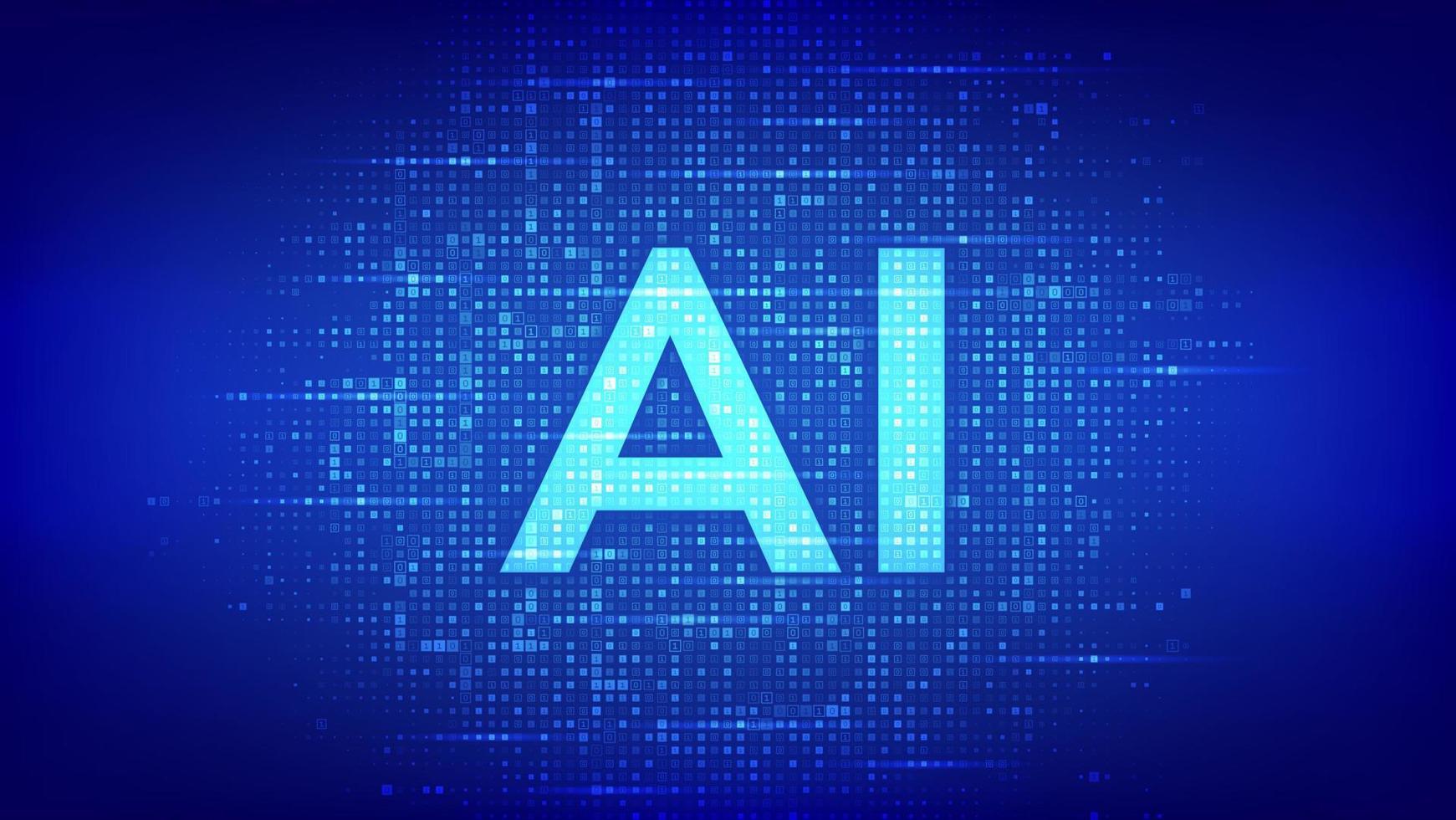 AI. Artificial intelligence. Letters AI made with binary code. Machine learning technology. Binary data and streaming digital code background. Matrix background with digits 1.0. Vector illustration.