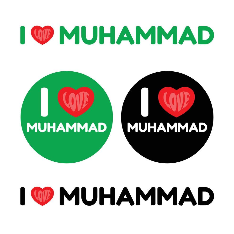 I Love Prophet Muhammad Text Badge with Red Hearts Isolated on Green and Black Background, Islamic Vector illustration.