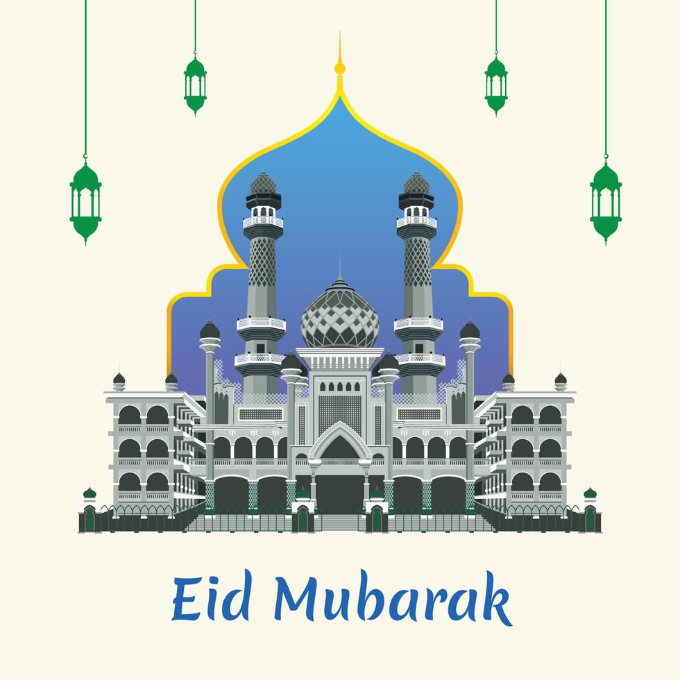 Eid Mubarak Greeting with Masjid Agung Jamik Malang Vector illustration, Isolated on Light Cream Background.