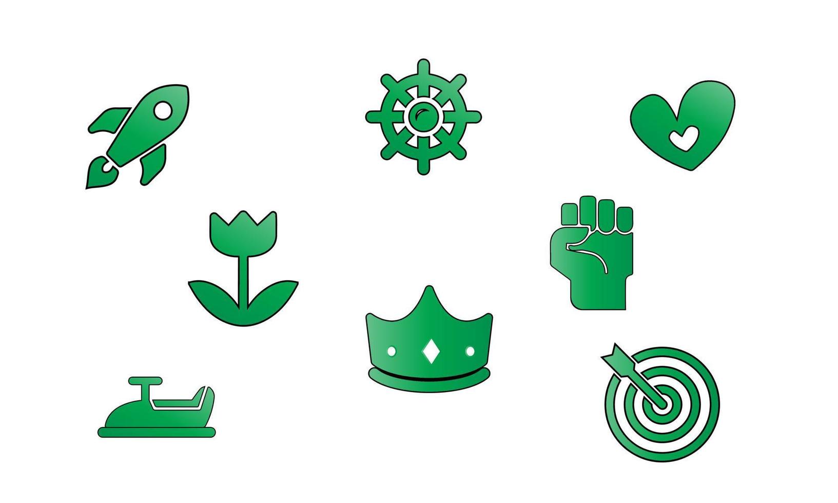 abstract icons set in gradient color vector illustration - space-shuttle, hand-power, flora-flower, snowmobile, love, crown-queen, dart, ship-wheel